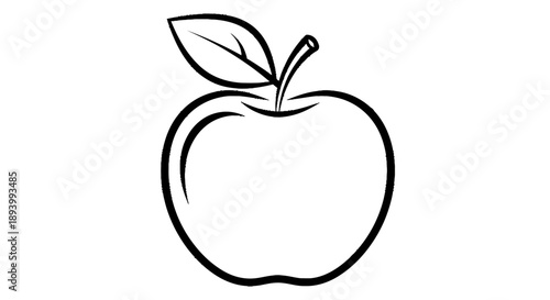 A simple line drawing of a fresh apple with a single leaf and stem.