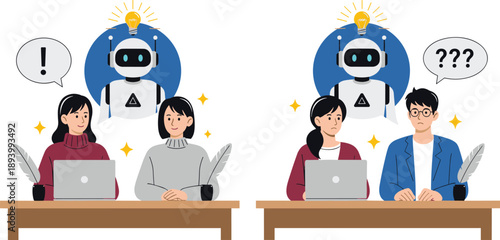 Diverse Business Teams Using Artificial Intelligence Assistant to Solve Problems and Generate Creative Ideas for Modern Corporate Innovation and Success