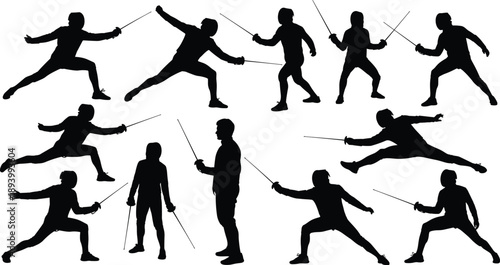 Fencing silhouette icon set, swordplay, duel stance, athletic pose, sparring action, martial art, vector illustration, black pictogram, combat technique