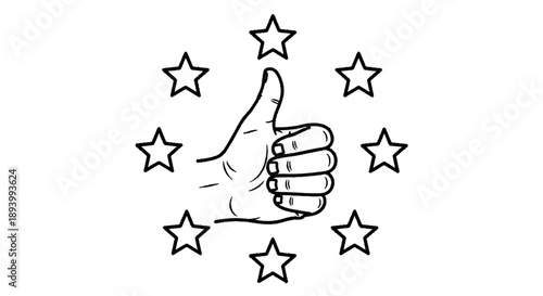 Hand gesture thumbs up surrounded by stars indicating approval and success.