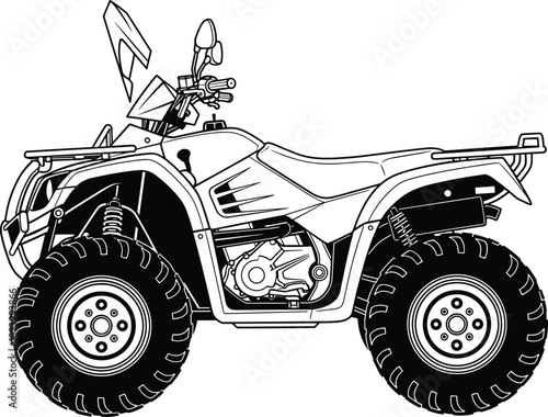 ATV Quadbike Motorcycle Offroad Vehicle Transport Adventure Racing Terrain Outdoor Sport Engine Wheels Suspension Illustration Vector Lineart Detailed Mechanical Power