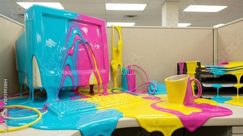 Vibrant spill of blue, yellow, and pink paint covering an office desk and cubicle, turning an ordinary workspace into a vivid art scene with glossy, dripping color chaos