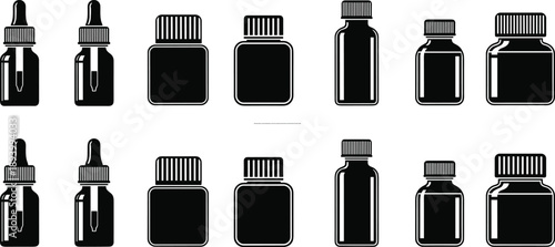 Bottle Bottles Dropper Jar Container Packaging Medicine Cosmetic Pharmacy Supplement Liquid Glass Plastic Cap Lid Silhouette Black Vector Illustration Design