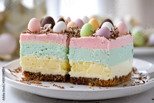 Delicious slice of pastel-layered cheesecake with chocolate egg decoration, ready to enjoy