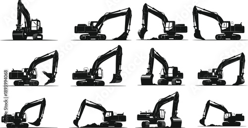Excavator silhouette icon set, construction equipment, digging machine, heavy vehicle, industrial tool, vector illustration, black pictogram, earth mover, site work