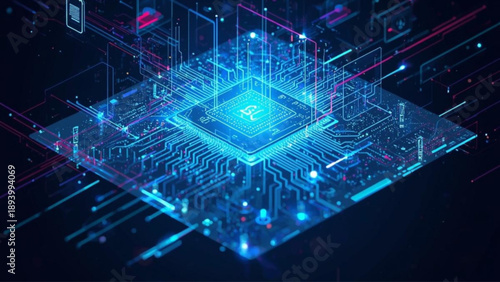 Glowing blue microchip with vibrant neon circuits on dark background