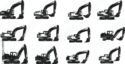 Excavator silhouettes, construction equipment, heavy machinery, digger icons, industrial vehicles, tracked and wheeled excavators, side view, engineering tools, black shapes