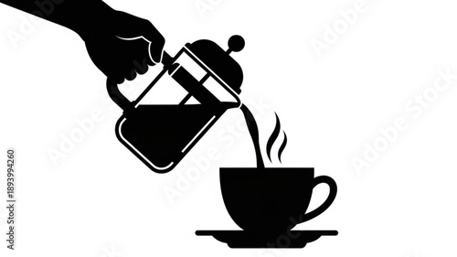 Silhouette of hand pouring coffee from French press into cup.