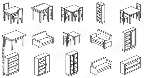 Collection of isometric furniture line art drawings.