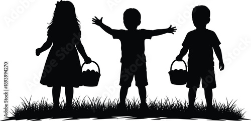 Children Kids Child Childhood Silhouette People Boy Girl Basket Easter Egg Hunt Spring Holiday Family Happy Playful Outdoor Vector Illustration
