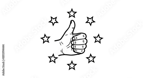 A hand gives a thumbs up surrounded by a circle of stars, symbolizing approval.