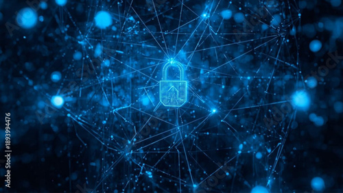 Secure digital network with glowing blue lock and connections
