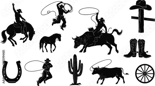 Cowboy and western lifestyle icon set, rodeo action, horse riding, lasso trick, desert scene, vector illustration, black pictogram, tradition