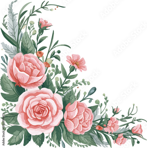Tableau sur toile Elegant Watercolor Pink Roses Floral Corner with Greenery a delicate floral fram