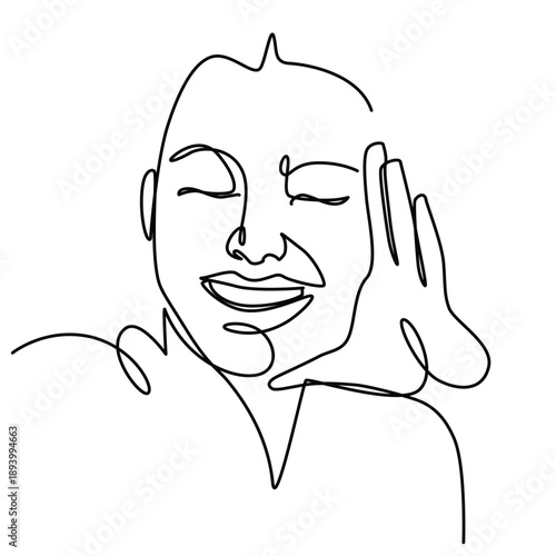 Happy woman with open hands on cheek one line drawing. Happy woman with open hands on cheek single line illustration. Happy woman with open hands on cheek minimalist line art