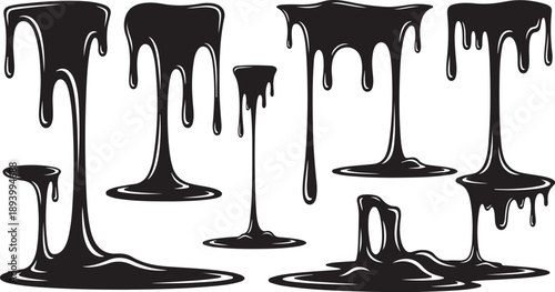 Black liquid splatters and drips on white background illustration