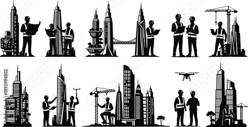 Construction and urban development icon set, engineer, blueprint, drone, skyscraper, crane, teamwork, city planning, vector illustration, black pictogram, infrastructure