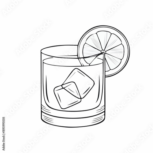  Refreshing Citrus Cocktail: A chilled cocktail with crystal-clear ice cubes and a zesty citrus slice, the image is a minimalist illustration which evoke freshness and relaxation.