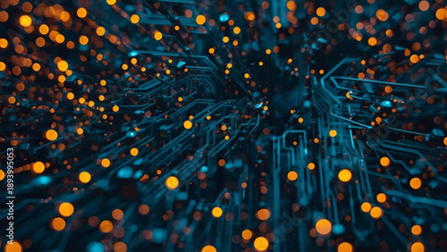 Vibrant circuit board with glowing orange lights on dark background