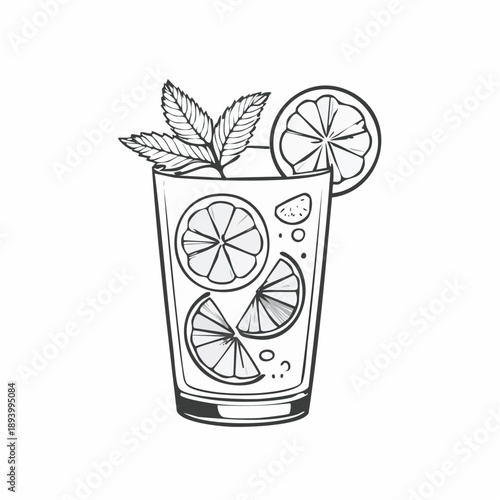 Citrus Beverage Delight: A refreshing illustration of a cool citrus beverage, a perfect drink with sliced oranges, leaves for hot weather.