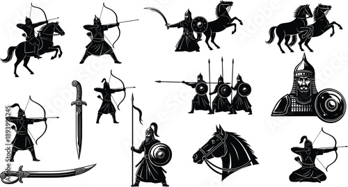 Ancient warrior and weapon icon set, archer, sword, shield, spear, horseback soldier, battle stance, vector illustration, black pictogram, history