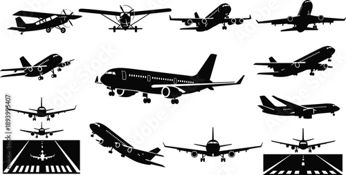 Airplane silhouette icon set, aircraft types, runway layout, flight stages, commercial jet, propeller plane, aviation graphic, vector illustration, black pictogram