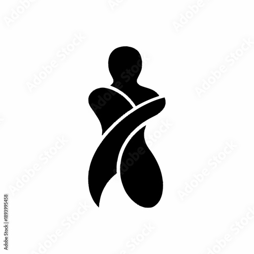 Abstract human figure embracing self in a minimalist black and white design.