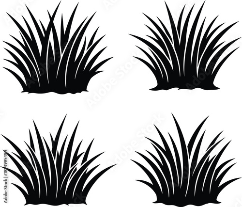 Set of four stylized black and white illustrations of clumps of grass, isolated on a white background