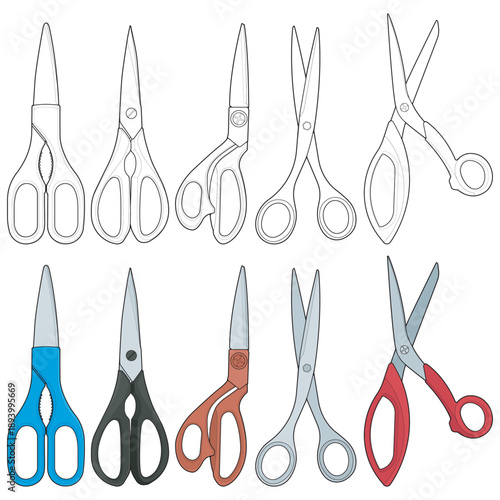 Collection of various scissors types including office scissors, sewing shears, craft scissors, and household cutting tools. Flat vector illustration style isolated on white background.