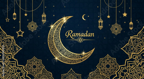 Ramadan kareem greeting card with golden crescent moon and lanterns on dark blue background