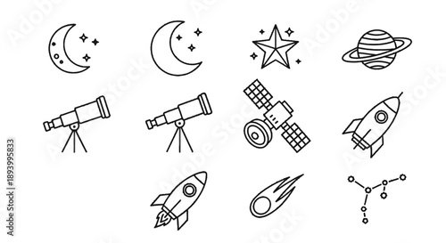 Collection of celestial bodies and space exploration icons including moons, stars, planets,.