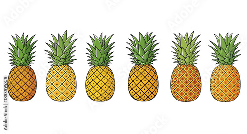 Six ripe pineapples displayed in a row with varying shades of yellow and orange.