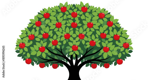 A vibrant apple tree laden with ripe red fruits and lush green leaves stands tall.