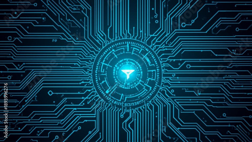 Futuristic digital circuit board with glowing neon blue technology