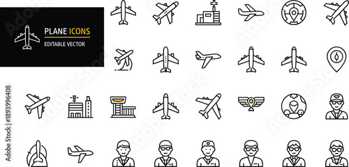Aviation and travel icon set featuring commercial airplanes, airport buildings, luggage, security locks, flight tracking, and air transportation logistics icons - cad drawing flat vector illustration