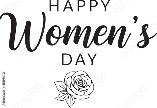 Happy women’s day, elegant lettering with outlined rose flower isolated on transparent background