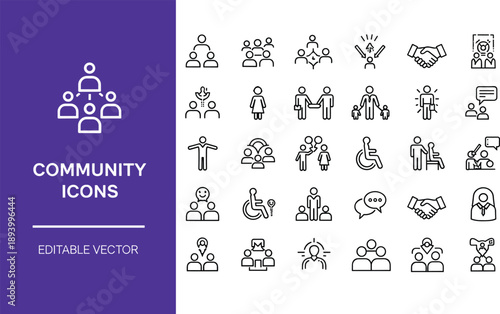 Large set of black and white line icons featuring diverse people symbols community networking handshake teamwork and social support for corporate identity and leadership designs