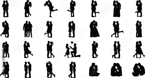 Couple Love Romance Silhouette Set Collection Kiss Hug Proposal Dance Relationship Romantic People Man Woman Dating Wedding Engagement Vector Illustration