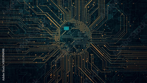 Vibrant circuit board design with gold lines on dark background