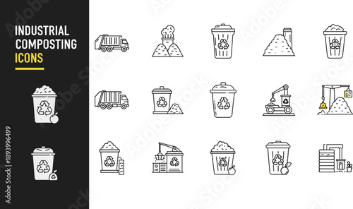 Large set of black and white line icons featuring industrial composting processes including garbage trucks recycling bins organic waste piles and heavy machinery for sustainability designs
