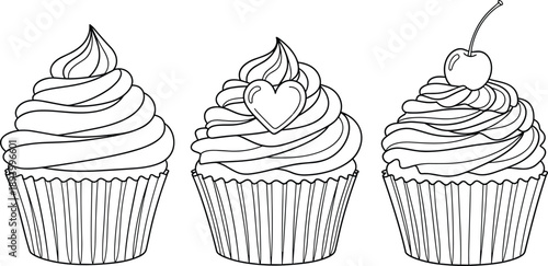 Cupcake Dessert Sweet Bakery Food Cake Frosting Cream Topping Cherry Heart Delicious Treat Pastry Vector Illustration Lineart Outline Design Minimal