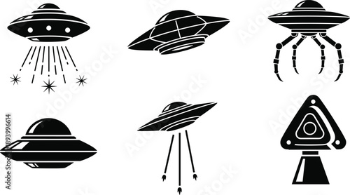 UFO, Alien, Spaceship, Spacecraft, Extraterrestrial, SciFi, Flying, Saucer, Invasion, Mystery, Futuristic, Technology, Space, Cosmic, Unknown, Silhouette, Black, Vector, Icons, Isolated