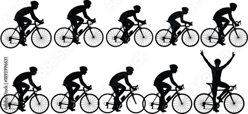Cyclist silhouette sequence showing road cycling motion and victory celebration, professional bicycle racing athlete isolated on white background