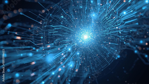 Vibrant blue circuit board with glowing lines and dots radiating outward