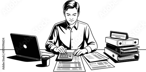 Accounting desk illustration, financial analysis, calculator and documents, business workspace, black and white vector, bookkeeping concept, office organization, audit scene