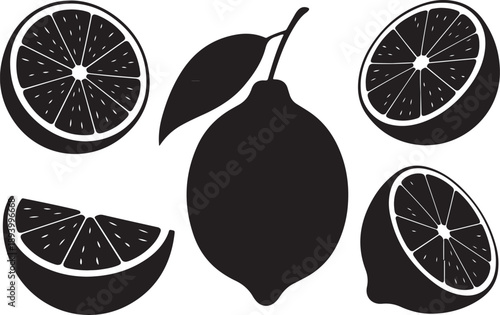 Black citrus fruit silhouettes with slices leaves and whole lemon orange set