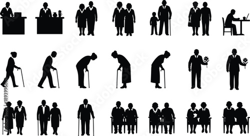 Elderly Senior Seniors Aging People Silhouette Retirement Grandparents Family Care Healthcare Walking Cane Wheelchair Support Life Stage Vector Illustration Collection
