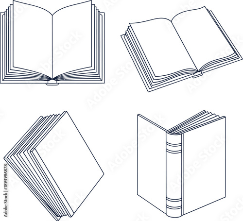 Set of four different open and closed books rendered in a minimalist outline style on a white background, representing reading and knowledge