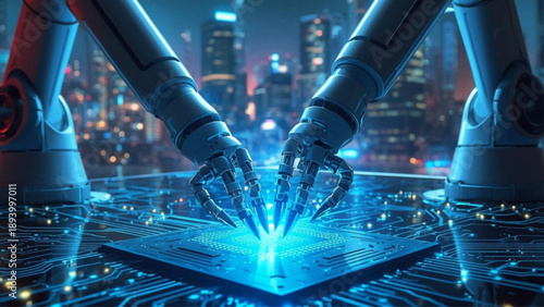 Robot arms assembling microchip in futuristic cityscape at night