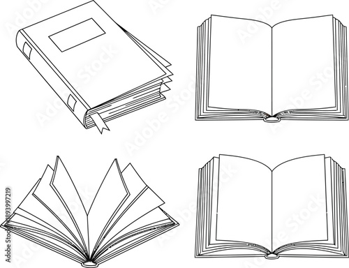 Collection of open and closed books in line art style, ideal for educational and literary themes